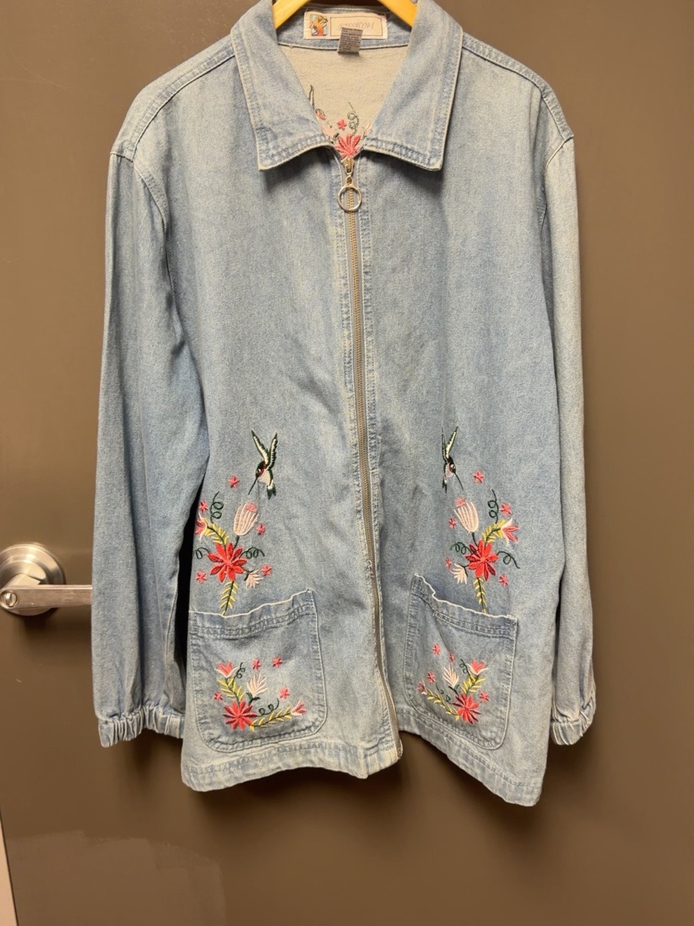 Light Wash Embroidered Denim Zip-Front Jacket - Blue